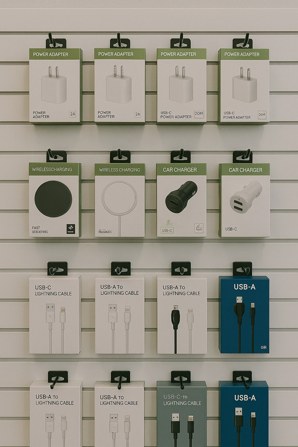 mobile-accessories-shop-near-me-body-image2-lizard-cases-llc Showcase of chargers at a mobile accessories shop near me